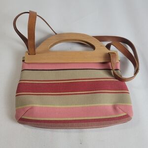 Banana Republic Stripe Canvas Wood Handled Satchel Handbag.